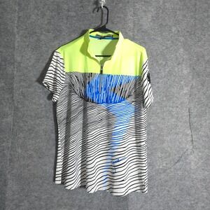 Jamie Sadock Polo Shirt Womens XL Neon Yellow Blue Black Stripe Golf Performance